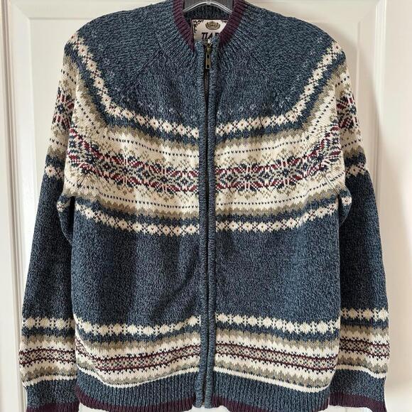 Tiara International Sweaters - VTG Tiara International Zip Front Sweater Cardigan Blue Burgundy Y2K Sz Medium